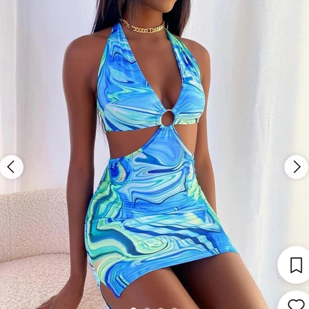Blue Green Marble Cutout Halter Mini Dress